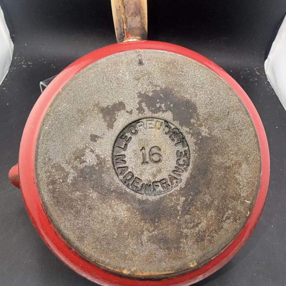 Le Creuset #16 Red Enameled Cast Iron Saucepan w Lid Wood Handle France